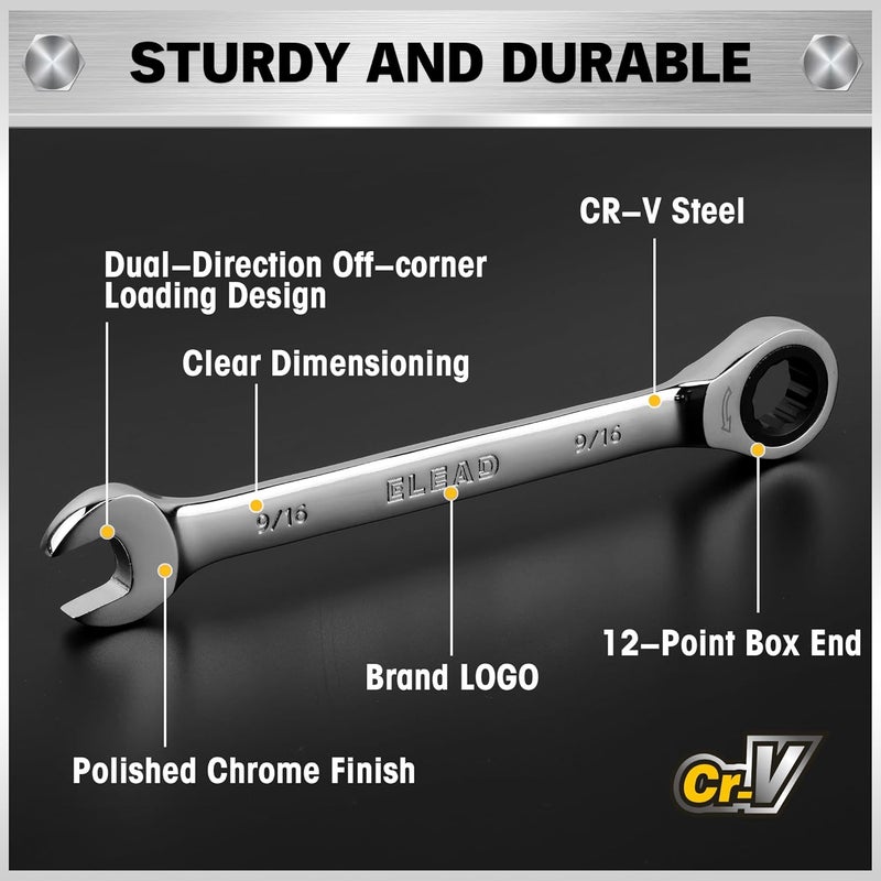 ELEAD 33-Piece Combination Ratchet Wrench Set | SAE & Metric Sizes (1/4" to 3/4" & 6-18mm) | 72-Tooth Gear Design | CR-V Steel | Organizer Carry Case | Ideal for Mechanics & DIY - Image 3